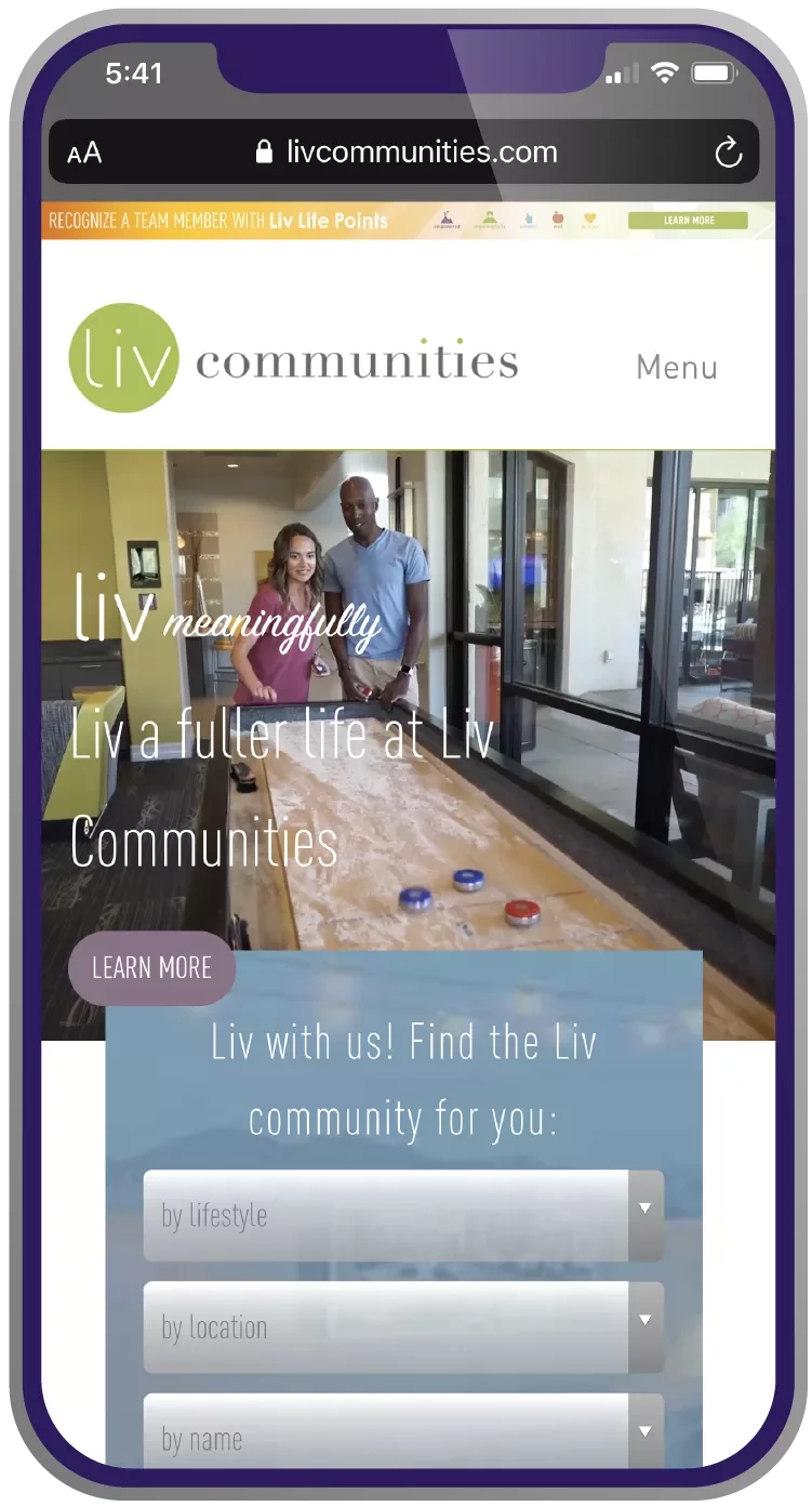 Liv Communities  - screenshot on phone of mobile website
