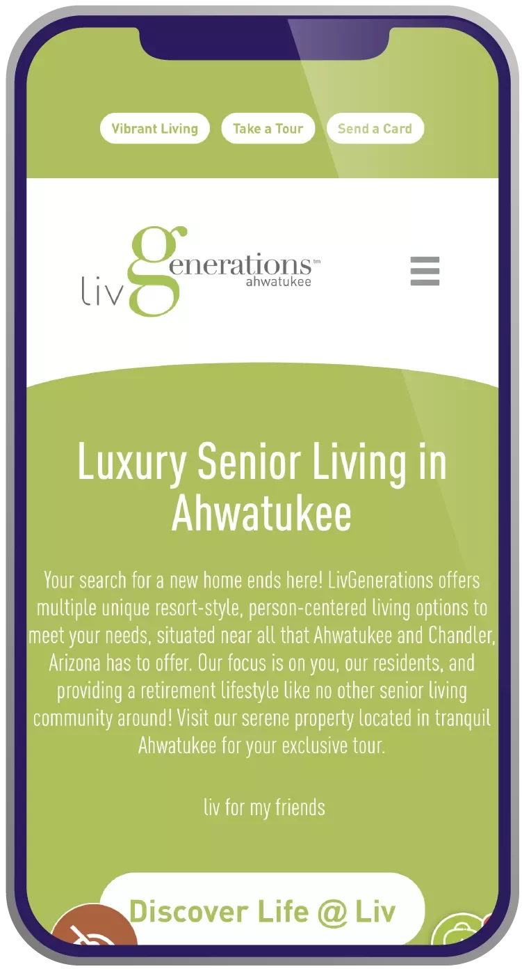 Screenshot of mobile site on a phone for Liv Generations website