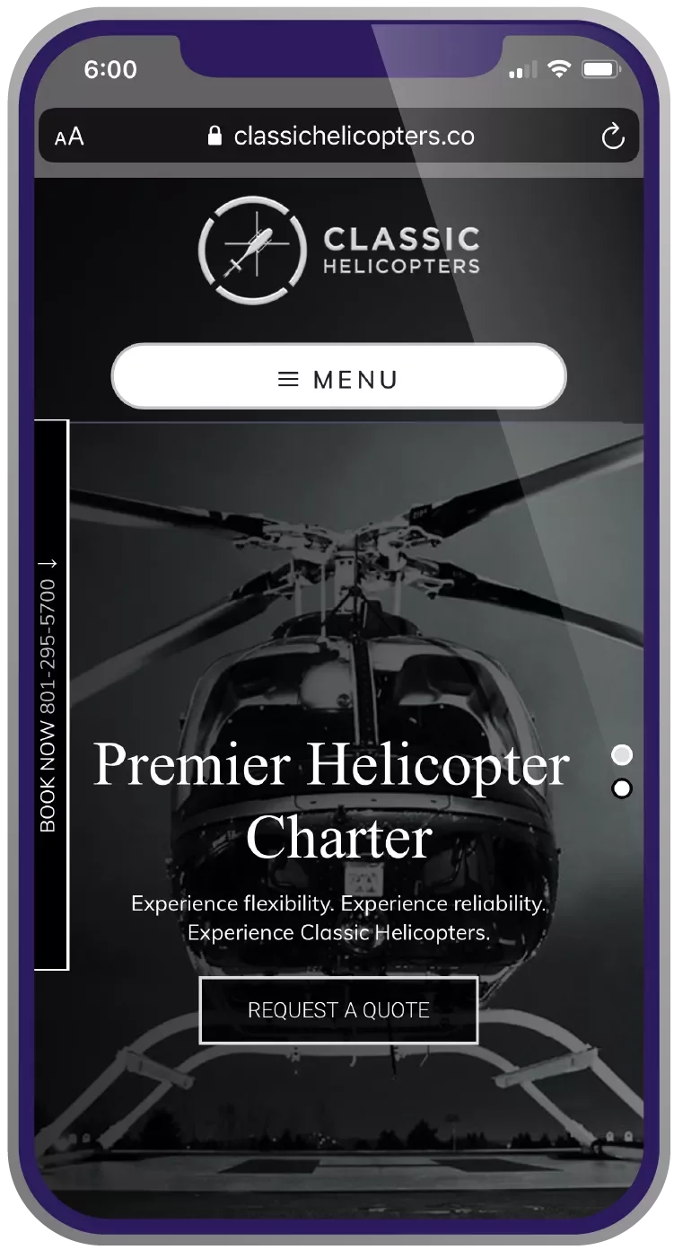 Classic Helicopters - screenshot on phone of mobile website